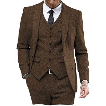 Mens Tweed Herringbone Wedding Suit Prom Tuxedos 3 Piece Peak Lapel Dress (38, Brown)