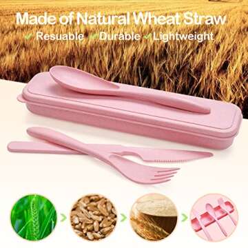 Reusable Travel Utensils Set with Case, 3 Sets Wheat Straw Portable Plastic Fork Spoons Knife Campin...