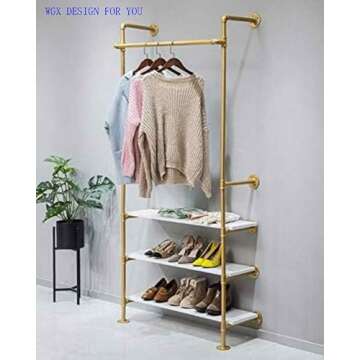 WGX Design For You Industrial Pipe Clothing Rack Wood Garment Rack Pipeline Vintage Rolling Rack On Wall（Gold）
