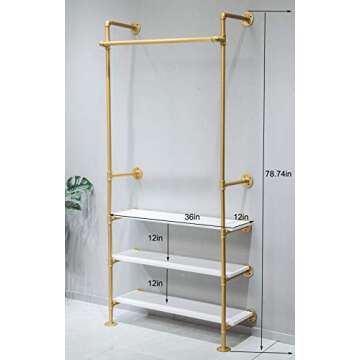 WGX Design For You Industrial Pipe Clothing Rack Wood Garment Rack Pipeline Vintage Rolling Rack On Wall（Gold）