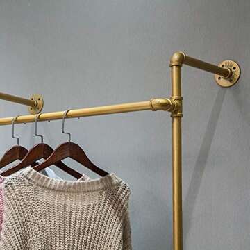 WGX Design For You Industrial Pipe Clothing Rack Wood Garment Rack Pipeline Vintage Rolling Rack On Wall（Gold）