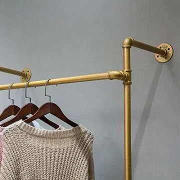 WGX Design For You Industrial Pipe Clothing Rack Wood Garment Rack Pipeline Vintage Rolling Rack On Wall（Gold）