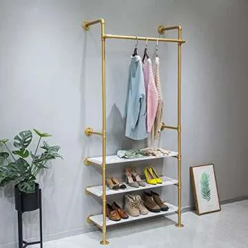 WGX Design For You Industrial Pipe Clothing Rack Wood Garment Rack Pipeline Vintage Rolling Rack On Wall（Gold）
