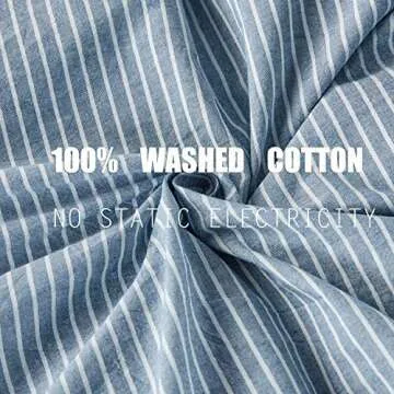 JELLYMONI Pinstriped 100% Washed Cotton Linen Like Duvet Cover Set, 3PCS Bedding Set with Buttons Closure, Blue with White Vertical Ticking Stripes Pattern Duvet Cover Queen Size(No Comforter)
