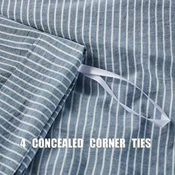 JELLYMONI Pinstriped 100% Washed Cotton Linen Like Duvet Cover Set, 3PCS Bedding Set with Buttons Closure, Blue with White Vertical Ticking Stripes Pattern Duvet Cover Queen Size(No Comforter)