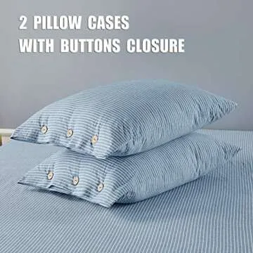 JELLYMONI Pinstriped 100% Washed Cotton Linen Like Duvet Cover Set, 3PCS Bedding Set with Buttons Closure, Blue with White Vertical Ticking Stripes Pattern Duvet Cover Queen Size(No Comforter)