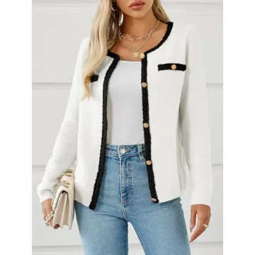 Saodimallsu Womens Button Up Cardigan Long Sleeve Open Front Cable Knit Fall Trendy Sweater Jacket with Pockets White, Medium