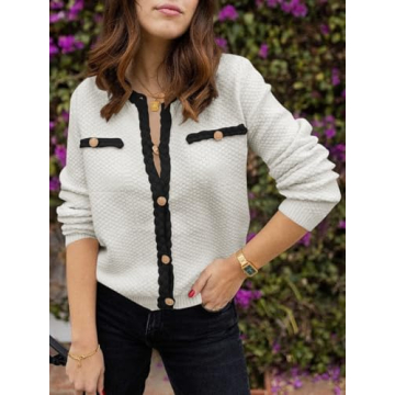 Saodimallsu Womens Button Up Cardigan Long Sleeve Open Front Cable Knit Fall Trendy Sweater Jacket with Pockets White, Medium