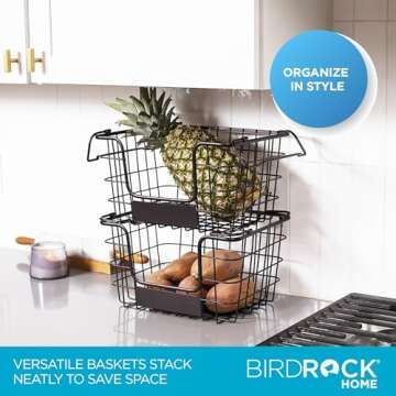 BIRDROCK HOME Stacking Wire Market Basket w/Chalk Label - Metal Storage Bin - Kitchen Counter, Pantr...