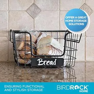 BIRDROCK HOME Stacking Wire Market Basket w/Chalk Label - Metal Storage Bin - Kitchen Counter, Pantry Cabinet, Shelves | Fruit, Vegetables, Bread, Onions, Potatoes & Snack - Metallic Black - Set of 2