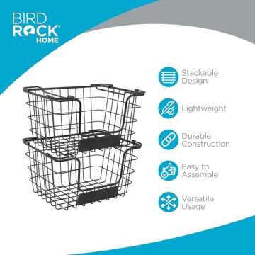 BIRDROCK HOME Stacking Wire Market Basket w/Chalk Label - Metal Storage Bin - Kitchen Counter, Pantry Cabinet, Shelves | Fruit, Vegetables, Bread, Onions, Potatoes & Snack - Metallic Black - Set of 2