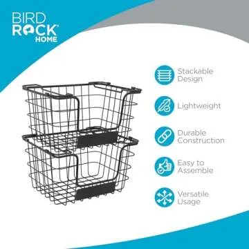 BIRDROCK HOME Stacking Wire Market Basket w/Chalk Label - Metal Storage Bin - Kitchen Counter, Pantry Cabinet, Shelves | Fruit, Vegetables, Bread, Onions, Potatoes & Snack - Metallic Black - Set of 2