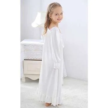 Horcute Girls Cotton Long Sleeve Sleep Shirts Nightshirts Pajamas Nightgown White 120# 6-7Y