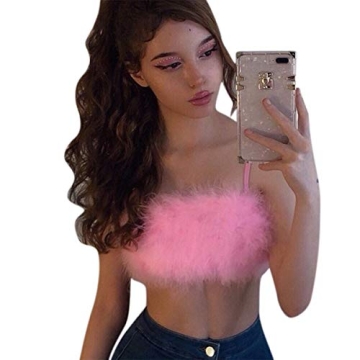 Women's Sexy Rave Festival Feather Crop Tops Faux Fur Spaghetti Straps Tube Top Camisole for Party F...