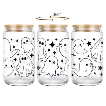 Coolife Ghost Halloween Cup - 16 oz Tumbler Glass Cups w/Lids Straws - Spooky Iced Coffee Mug for Sm...