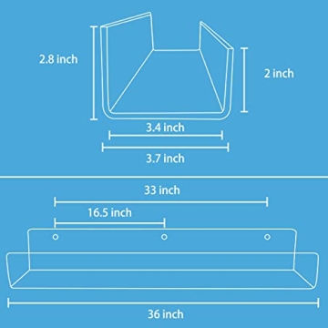 FEMELI 1 Pack 36 Inch Clear Acrylic Floating Bookshelf for Kids, Wall Display Shelf with Lips for Nursery Room Bathroom Dorm
