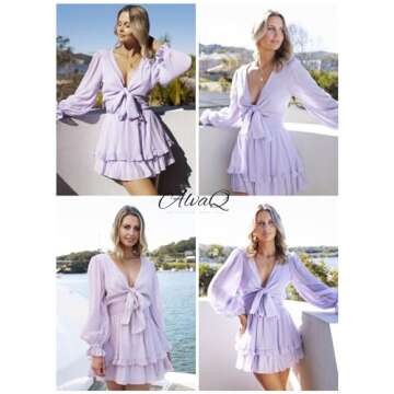 AlvaQ Women Dresses Summer Deep V Neck Tie Front Elegant Dress