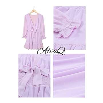 AlvaQ Women Dresses Summer Deep V Neck Tie Front Elegant Dress