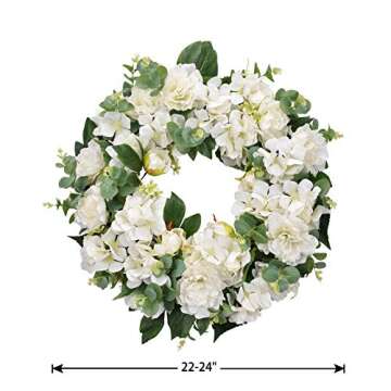 I-GURU Hydrangeas Spring Wreath for Front Door 22-24 Inch, Greenery Summer Door Wreaths with White P...