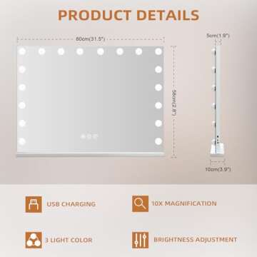 Leishe Vanity Mirror with Lights Makeup Hollywood Mirror 32"x23" 18 Dimmable LED Bulbs Large Vanity Mirror USB Charge Port Smart Touch Control Lighted Makeup Mirror 3 Lighting Modes
