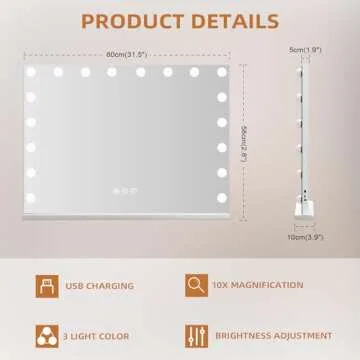 Leishe Vanity Mirror with Lights Makeup Hollywood Mirror 32"x23" 18 Dimmable LED Bulbs Large Vanity Mirror USB Charge Port Smart Touch Control Lighted Makeup Mirror 3 Lighting Modes