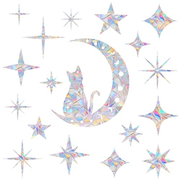 Cat Moon and 18 Pieces Star Window Clings - Anti-Collision Window Decals to Save Birds from Window C...