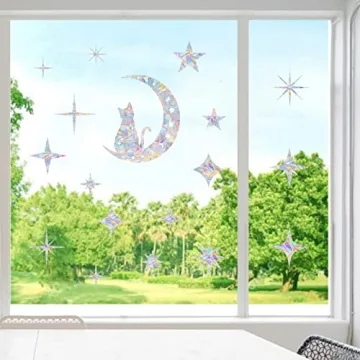 Cat Moon 18 Star Window Clings - Deter Birds & Decorate!