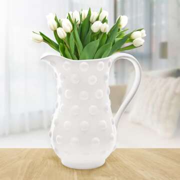 AuldHome Design White Hobnail Ceramic Pitcher (Large), Vintage Retro Style