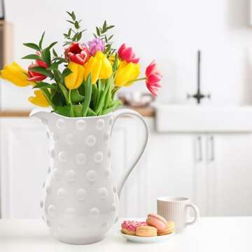 AuldHome Design White Hobnail Ceramic Pitcher (Large), Vintage Retro Style