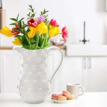 AuldHome Design White Hobnail Ceramic Pitcher (Large), Vintage Retro Style