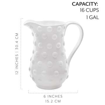 AuldHome Design White Hobnail Ceramic Pitcher (Large), Vintage Retro Style
