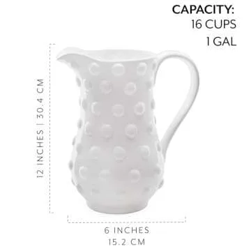 AuldHome Design White Hobnail Ceramic Pitcher (Large), Vintage Retro Style