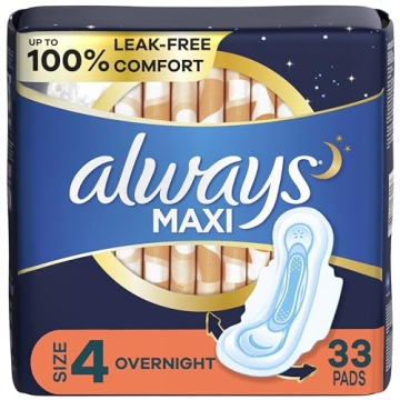 Always Maxi Overnight Pads with Wings, Size 4, 33 CT - Leak-Proof Comfort