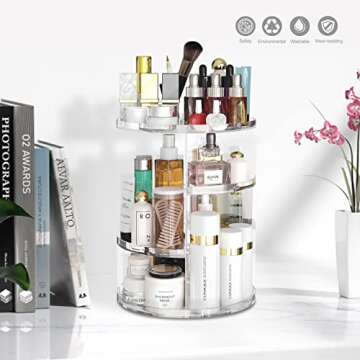 Makeup Organizer 360 Degree Rotating Adjustable Cosmetic Storage Organizer Large Skin Care Cosmetic Display Cases Perfume Jewelry Organizer for Bathroom Dresser Countertop (Clear)