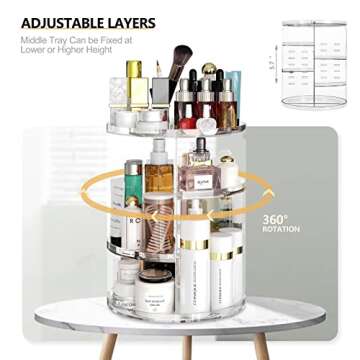 Makeup Organizer 360 Degree Rotating Adjustable Cosmetic Storage Organizer Large Skin Care Cosmetic Display Cases Perfume Jewelry Organizer for Bathroom Dresser Countertop (Clear)