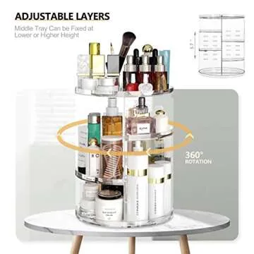 Makeup Organizer 360 Degree Rotating Adjustable Cosmetic Storage Organizer Large Skin Care Cosmetic Display Cases Perfume Jewelry Organizer for Bathroom Dresser Countertop (Clear)