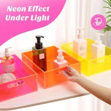 Mutellstory Acrylic Storage Bin Pantry Storage Container with Handles Kitchen Organizer Bin for Cabinet Cupboard Organization, Heavy Duty, 12.6 x 9.4 x 4'', Neon Pink