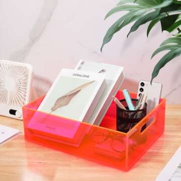Mutellstory Acrylic Storage Bin Pantry Storage Container with Handles Kitchen Organizer Bin for Cabinet Cupboard Organization, Heavy Duty, 12.6 x 9.4 x 4'', Neon Pink