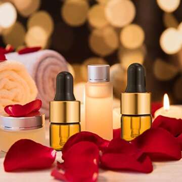 AUCHOIS 50pcs 1ml Clear Mini Dropper Vails- 1/4 Dram Glass Sample Dropper Bottles DIY Cosmetic Sample Empty Containers Travel Eye Dropper Bottles for Essential Oils Perfume Cosmetic Liquid (Gold Cap)