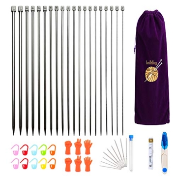 KOKNIT 13.5'' Knitting Needle Set, 22PCS 2mm(B)-8mm(L) Straight Lightweight Single Pointed Stainless...