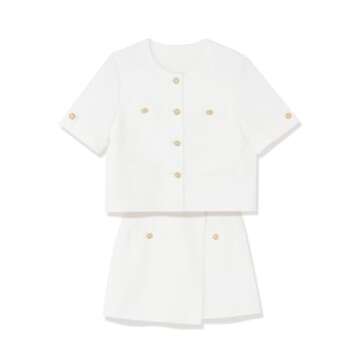 GOELIA 2025 Blazer Shorts Set for Women Dressy White Summer Sets Womens Sets 2 Piece Outfits Acetate Short Sleeve Blazer Jacket and Shorts Business Suit for Work Casual Easter Day