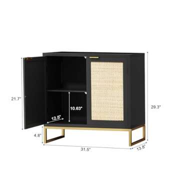 Anmytek Rattan Sideboard Buffet Kitchen Storage Cabinet with 2 Doors, Modern Black Accent Cabinet for Kitchen Buffet Cabinet with Storage for Kitchen