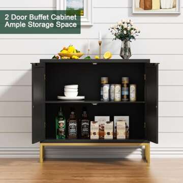 Anmytek Rattan Sideboard Buffet Kitchen Storage Cabinet with 2 Doors, Modern Black Accent Cabinet for Kitchen Buffet Cabinet with Storage for Kitchen