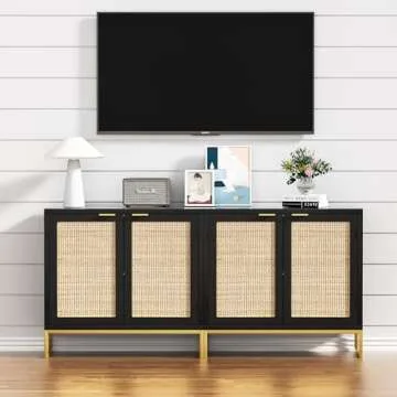 Anmytek Rattan Sideboard Buffet Kitchen Storage Cabinet with 2 Doors, Modern Black Accent Cabinet for Kitchen Buffet Cabinet with Storage for Kitchen