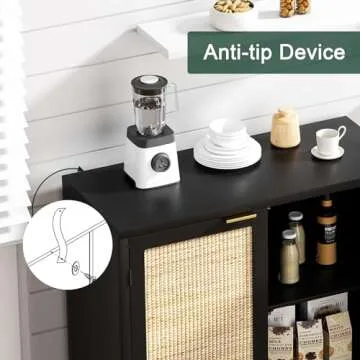 Anmytek Rattan Sideboard Buffet Kitchen Storage Cabinet with 2 Doors, Modern Black Accent Cabinet for Kitchen Buffet Cabinet with Storage for Kitchen