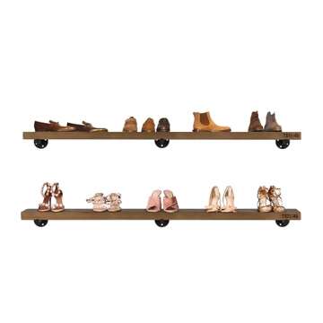 TEN49 Industrial Rustic Wood Wall Shelf - 60" Espresso Real Wooden Shelving w/ 1.8" Extra Thickness - Modern Interior Decor Floating Shelves w/ Pipe Brackets - Farmhouse Style Bookshelf - Set of 2