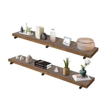 TEN49 Industrial Rustic Wood Wall Shelf - 60" Espresso Real Wooden Shelving w/ 1.8" Extra Thickness - Modern Interior Decor Floating Shelves w/ Pipe Brackets - Farmhouse Style Bookshelf - Set of 2
