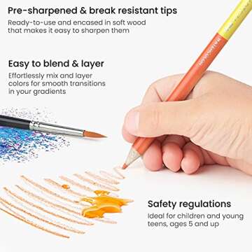 ARTEZA 100 Watercolor Pencils for Kids, 50 Double-Sided Pre-Sharpened Color Pencils for Kids with Nylon Water Brush