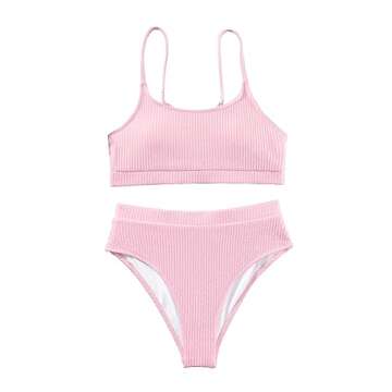 Lilosy High Waisted Tummy Control Bikini Ribbed Sporty Brazilian Swimsuit Set Women Highwaisted Cheeky Cut Leg Rise Bottom Crop Push Up Top 2 Piece Bathing Suit Pink Large