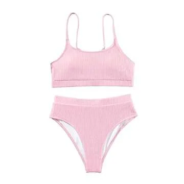 Lilosy High Waisted Tummy Control Bikini Ribbed Sporty Brazilian Swimsuit Set Women Highwaisted Cheeky Cut Leg Rise Bottom Crop Push Up Top 2 Piece Bathing Suit Pink Large